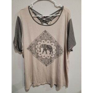 Loralette 3X Short Sleeve Elephant Graphic Print Top, Strappy Back, Rhinestones